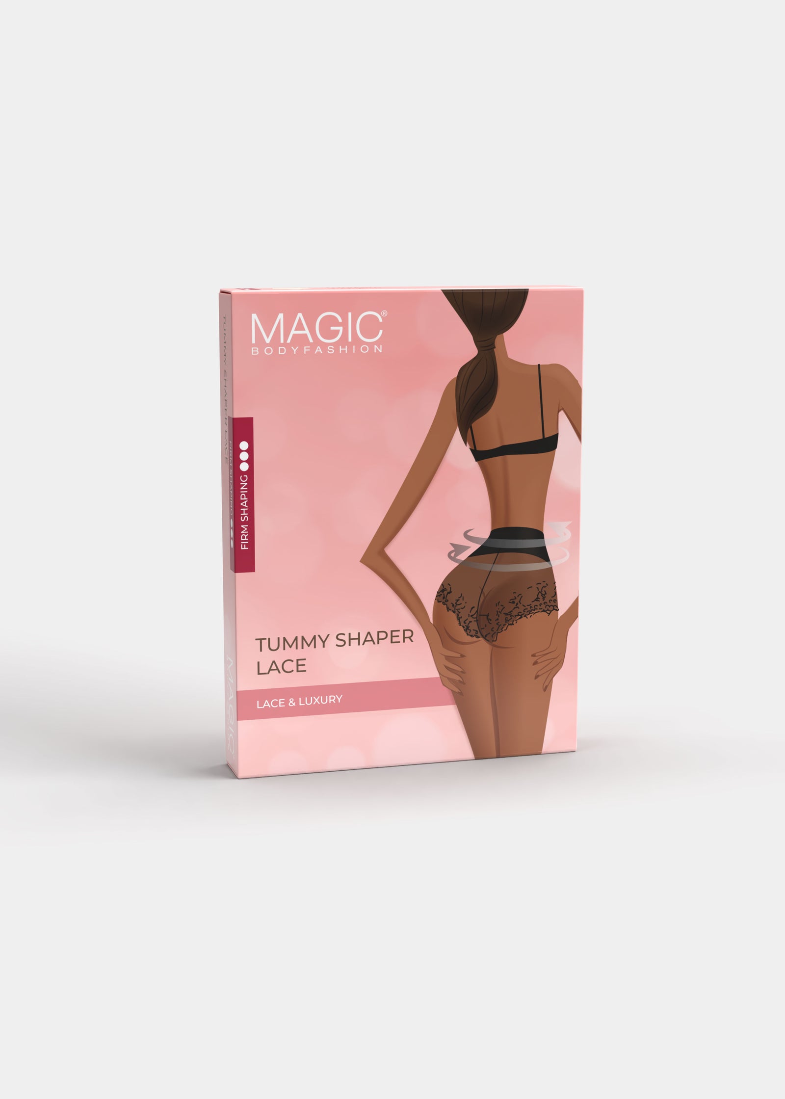 Still product image of Tummy Shaper Lace shown in front packaging box. Rectangular box displaying mid-waist lace shaping brief, with product image, lace details, and branding visible on the front panel.