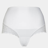 Still product image of Tummy Shaper Lace in snow white, mid-waist shaping brief with lace detailing. Double-layer waistband, smooth fabric front, and lace edges designed for shaping and invisible wear under clothing.
