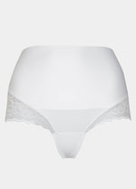 Still product image of Tummy Shaper Lace in snow white, mid-waist shaping brief with lace detailing. Double-layer waistband, smooth fabric front, and lace edges designed for shaping and invisible wear under clothing.