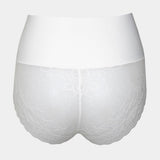 Still product image of Tummy Shaper Lace in snow white shown from the back. Mid-waist shaping brief with smooth fabric and lace detailing at the back, featuring seamless edges for invisible wear under clothing.
