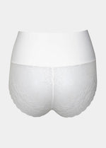 Still product image of Tummy Shaper Lace in snow white shown from the back. Mid-waist shaping brief with smooth fabric and lace detailing at the back, featuring seamless edges for invisible wear under clothing.