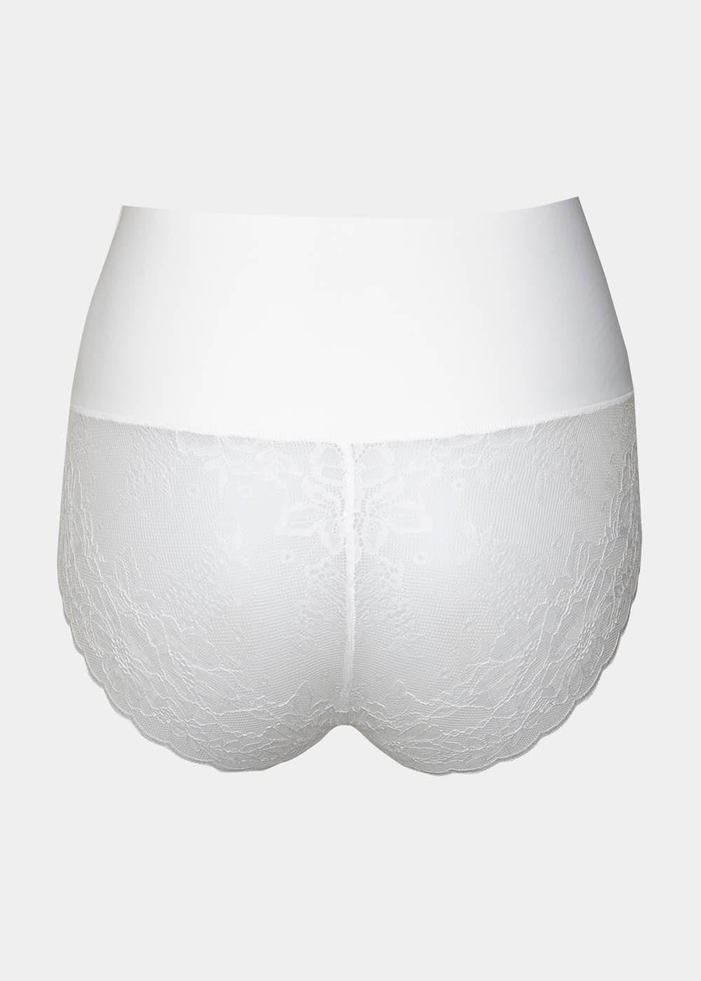 Still product image of Tummy Shaper Lace in snow white shown from the back. Mid-waist shaping brief with smooth fabric and lace detailing at the back, featuring seamless edges for invisible wear under clothing.