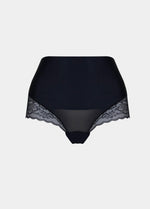 Still product image of Tummy Shaper Lace in black, mid-waist shaping brief with lace detailing. Double-layer waistband, smooth fabric front, and lace edges designed for shaping and invisible wear under clothing.