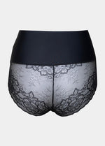 Still product image of Tummy Shaper Lace in black shown from the back. Mid-waist shaping brief with smooth fabric, lace detailing at the back, and seamless edges for invisible wear under clothing.