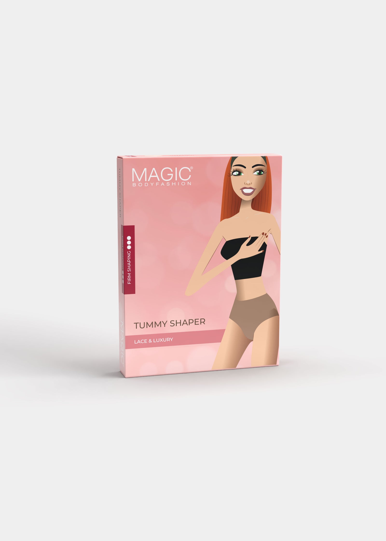 Still product image of Tummy Shaper shown in front packaging box. Rectangular box displaying mid-waist shaping brief, with product image, color indication, and branding visible on the front panel.