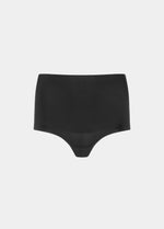 Still product image of Tummy Shaper in black, mid-waist shaping brief with double-layer smoothing waistband. Seamless design with smooth fabric, full front coverage, and invisible edges for firm tummy shaping.