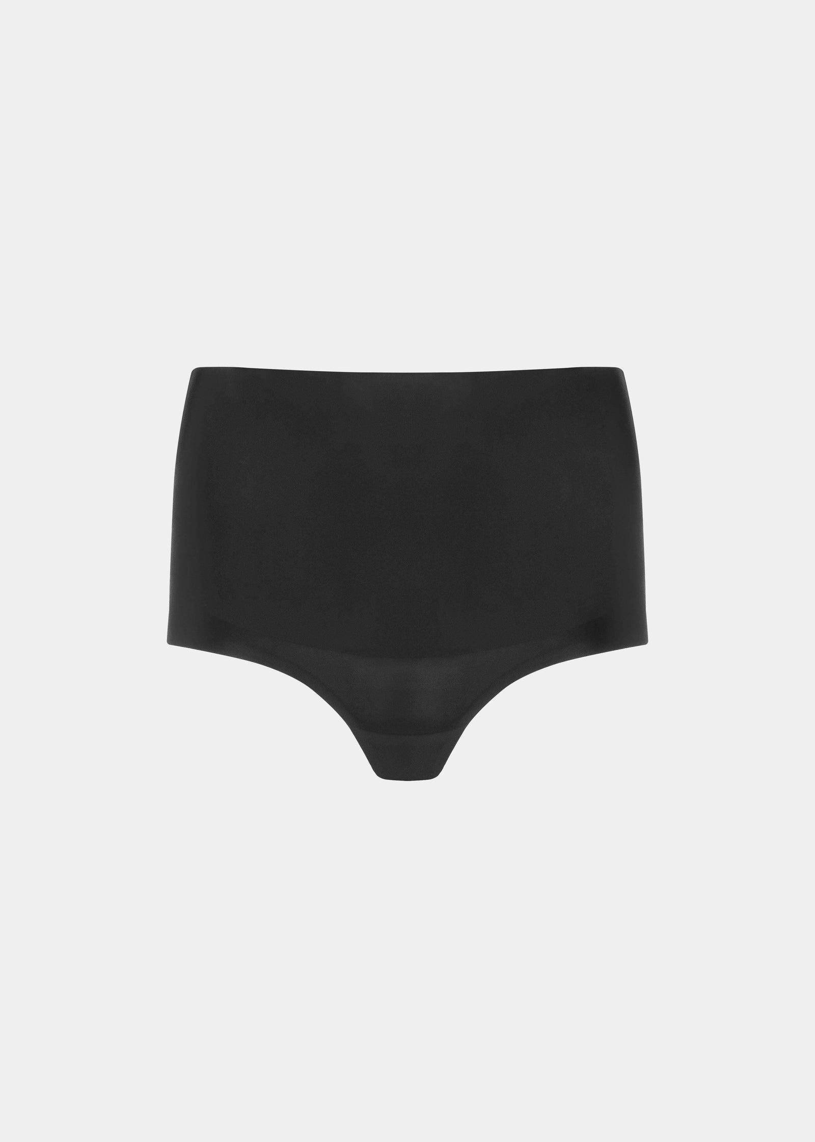 Still product image of Tummy Shaper in black, mid-waist shaping brief with double-layer smoothing waistband. Seamless design with smooth fabric, full front coverage, and invisible edges for firm tummy shaping.