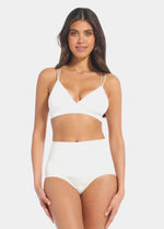 Front view of a model wearing Tummy Shaper in barista, mid-waist shaping brief with double-layer waistband. Seamless design with smooth fabric and full front coverage, providing firm shaping at the tummy area.