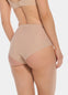 Back view of a model wearing Everyday Shaper Brief in cappuccino, mid-waisted seamless shapewear brief. Smooth fabric with full back coverage and seamless edges, designed for light shaping and invisible wear under clothing.