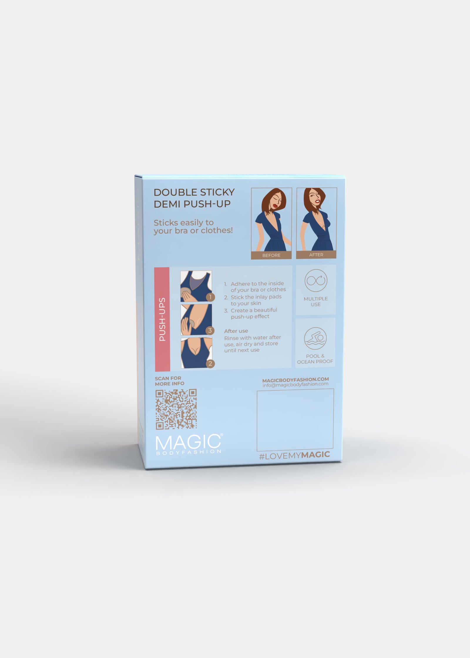 Still product image of Double Sticky Demi Push-Up shown from the back of the packaging box. Rectangular box displaying product information, pad illustrations, and usage instructions on the back panel.