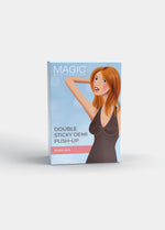 A box of Magic brand Double Sticky Demi Push-Up breast enhancing inserts, with an image of a woman holding one of the push-up pads.