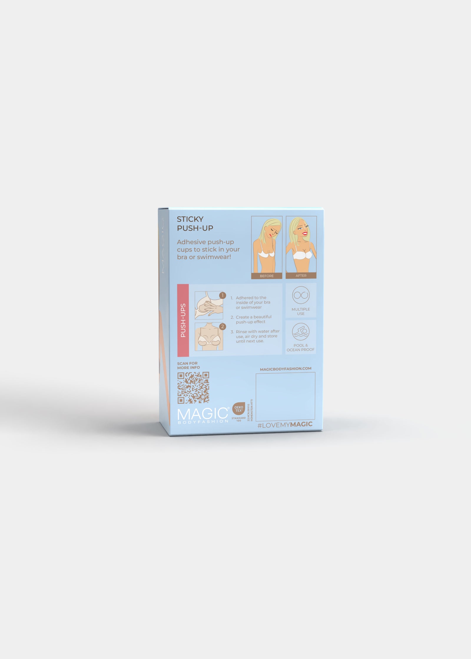 Still product image of Sticky Push-Up Pads shown from the back of the packaging box. Rectangular box displaying product information, adhesive pad illustrations, and usage instructions on the back panel.