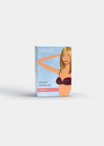 Still product image of Sticky Push-Up Pads in latte shown in front packaging box. Rectangular box displaying adhesive bra inserts, with product image and branding visible on the front panel.