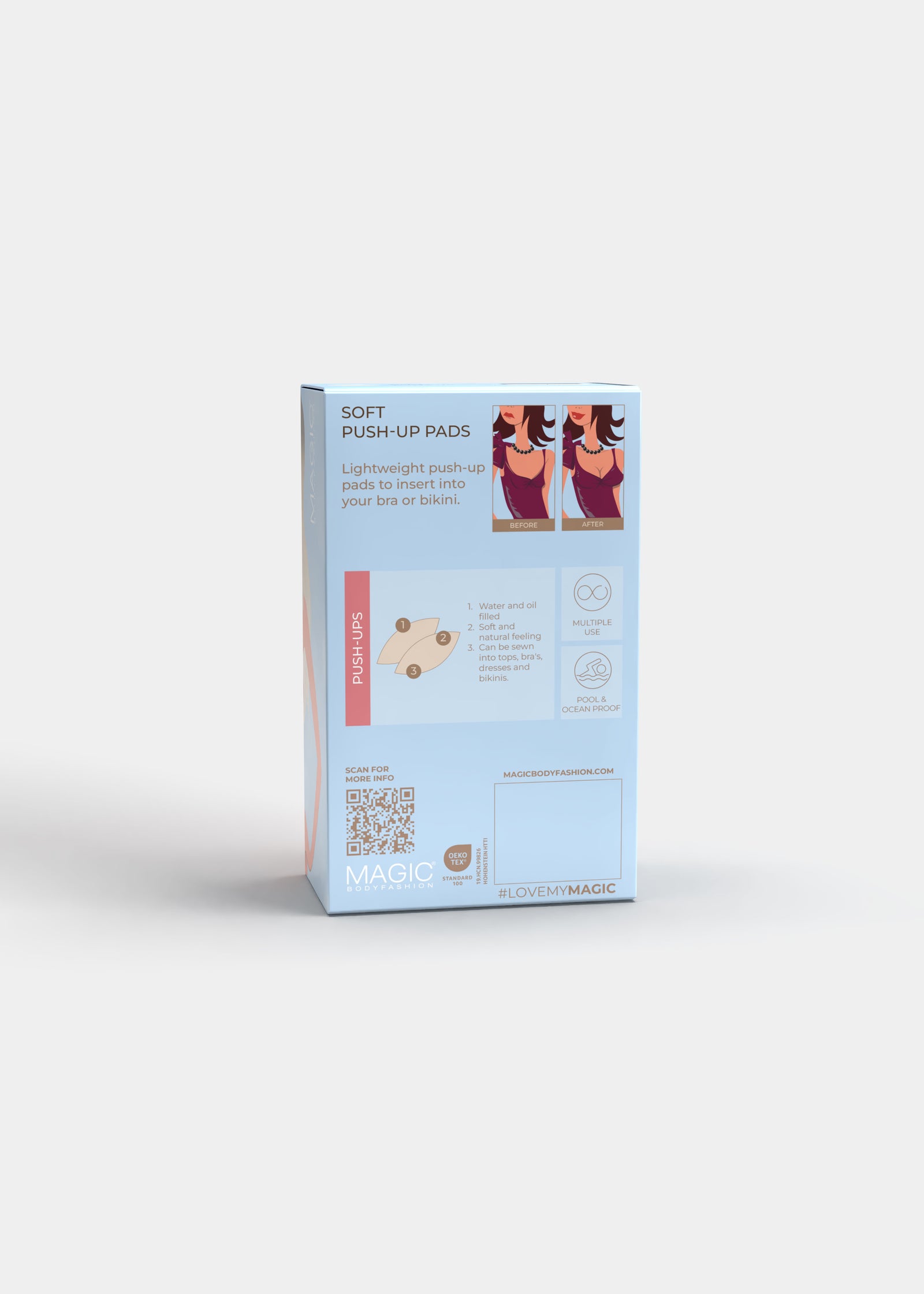 Still product image of Watersoft Push-Up Bra shown from the back of the packaging box. Rectangular box displaying product information, pad illustrations, and usage instructions on the back panel.
