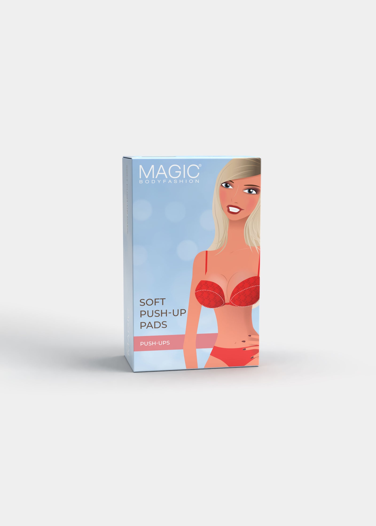 Still product image of Watersoft Push-Up Bra in latte shown in front packaging box. Rectangular box displaying water and oil-filled push-up bra pads, with product image and branding visible on the front panel.