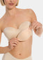 Front view of a model holding Watersoft Push-Up Bra pads in latte, water and oil-filled silicone bra inserts. Full cup pads shown in front of her bra, with smooth surface and curved shape visible.