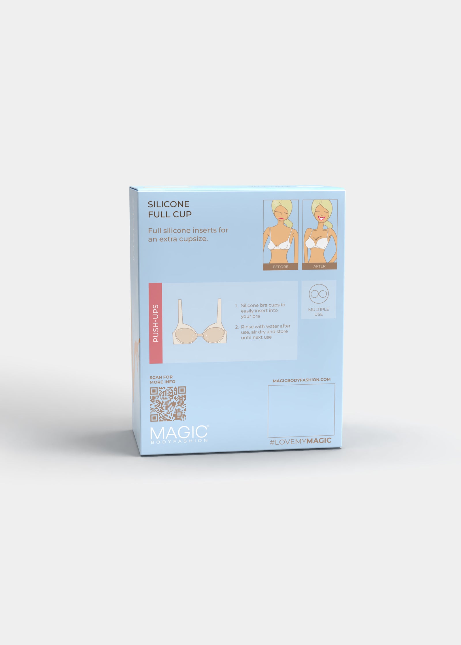 Still product image of Silicone Full Cup in latte shown from the back of the packaging box. Rectangular box displaying product information, insert illustrations, and usage details on the back panel.