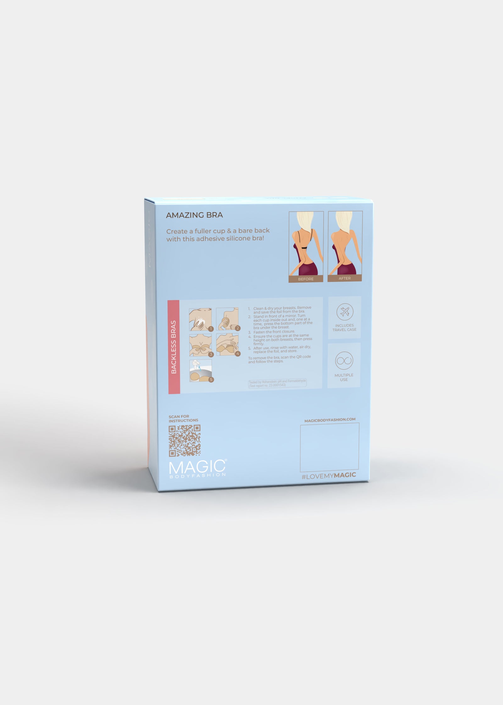 Still product image of Amazing Bra in latte shown from the back of the packaging box. Rectangular box displaying product information, images of the adhesive silicone cups, and usage illustrations on the back panel.
