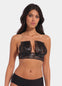 Front view of a model wearing the black Luxury Lace Boob Tape, showcasing the lace-finish adhesive tape applied to lift and shape the bust while creating an elegant, invisible look under clothing.