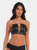 Front view of a model wearing the black Luxury Lace Boob Tape, showcasing the lace-finish adhesive tape applied to lift and shape the bust while creating an elegant, invisible look under clothing.
