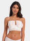 This image features a model demonstrating the use of the Boob Tape XL, which is designed to lift and support breasts without the need for a bra. The tape appears skin-friendly and stretchy, with a beige color that blends well with skin tones.