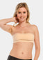 Front view of a model wearing the latte-colored MAGIC Bodyfashion Breast Tape, showcasing the adhesive tape applied to lift and shape the bust while creating a smooth, invisible look under clothing.