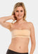 Front view of a model wearing the latte-colored MAGIC Bodyfashion Breast Tape, showcasing the adhesive tape applied to lift and shape the bust while creating a smooth, invisible look under clothing.