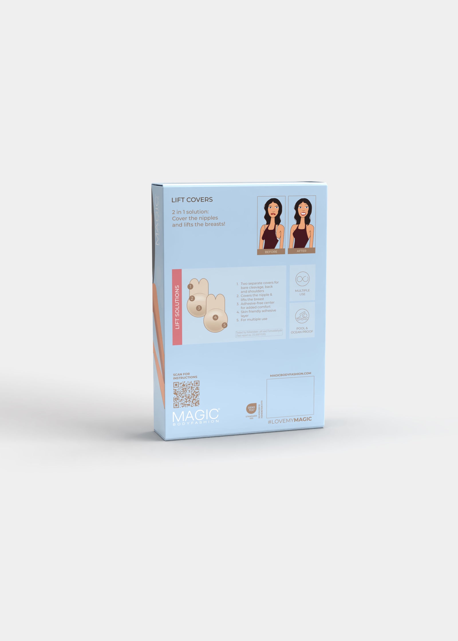 Back view of the Lift Covers packaging box, displaying product information and instructions for application and care.