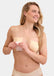 Front view of a model applying the latte-colored Double Sticky Boob Tape to her breast, showing how the double-sided adhesive tape lifts and supports the bust while creating an invisible look under clothing.