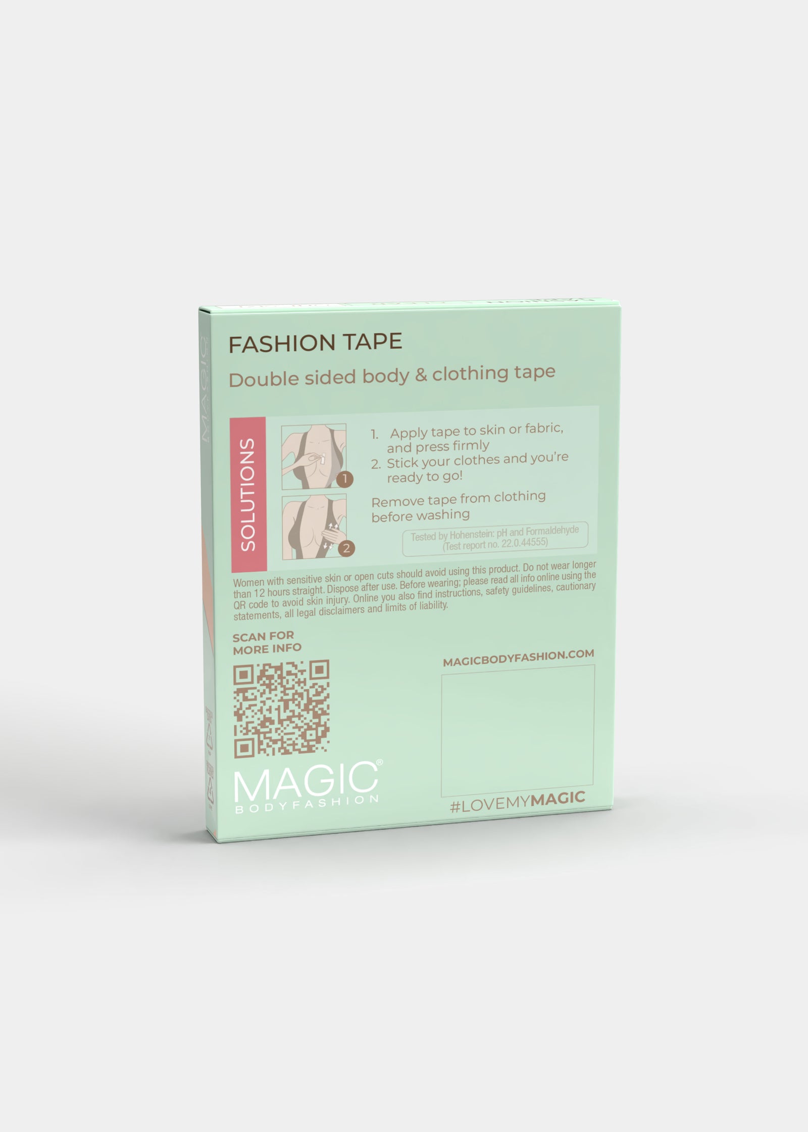 Back view of the MAGIC Fashion Tape packaging box, displaying product information and instructions for use.