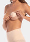 Front view of a model wearing the latte-colored MAGIC Hide Your Nipples covers, showcasing the soft fabric nipple covers that provide smooth, discreet coverage with a natural, invisible look under clothing.