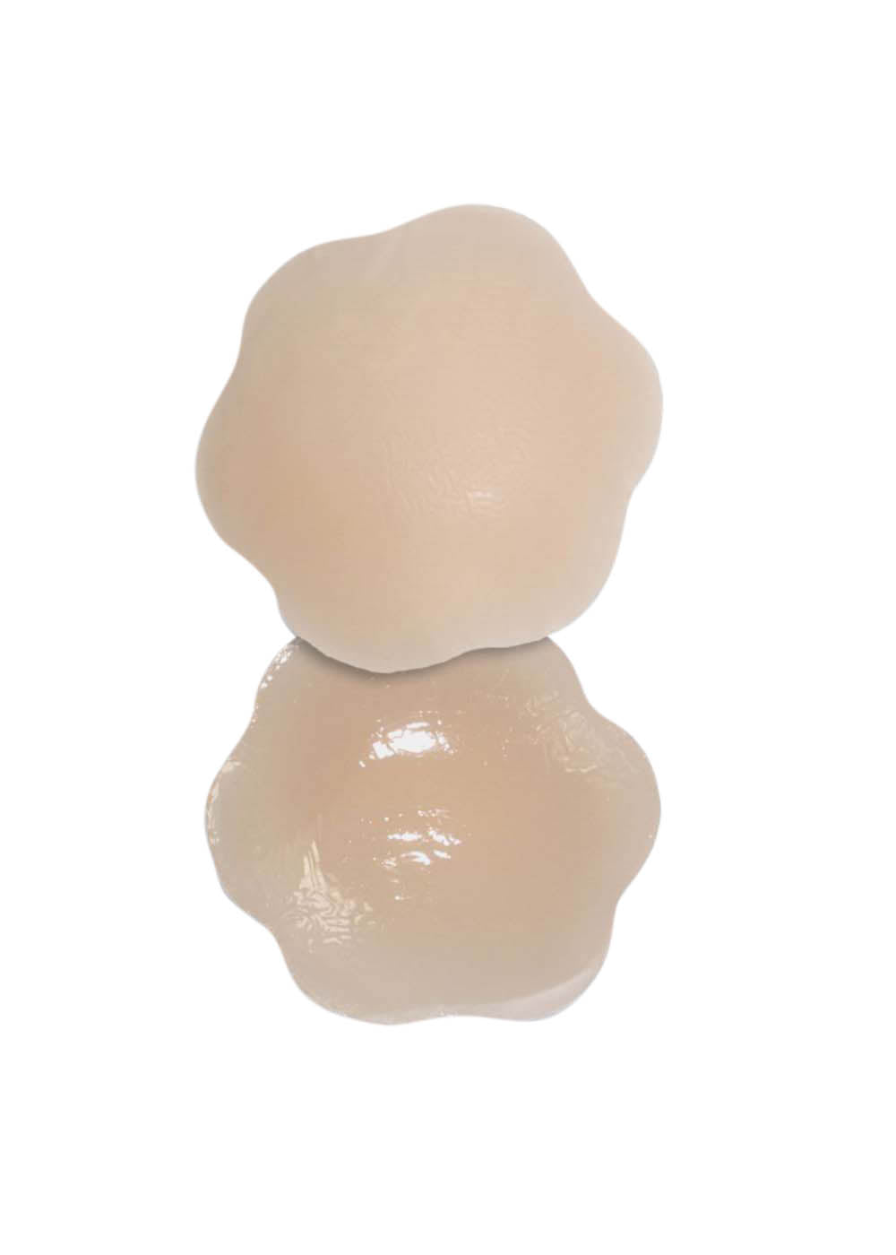 Still product image of the latte-colored Silicone Nipple Covers, displayed to show both the front and back, highlighting the smooth outer surface and the inner skin-friendly adhesive layer with ultra-thin edges for an invisible finish.