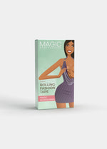 Front view of the Rolling Fashion Tape packaging box, featuring the branded design and product information, showing the tape dispenser included inside.