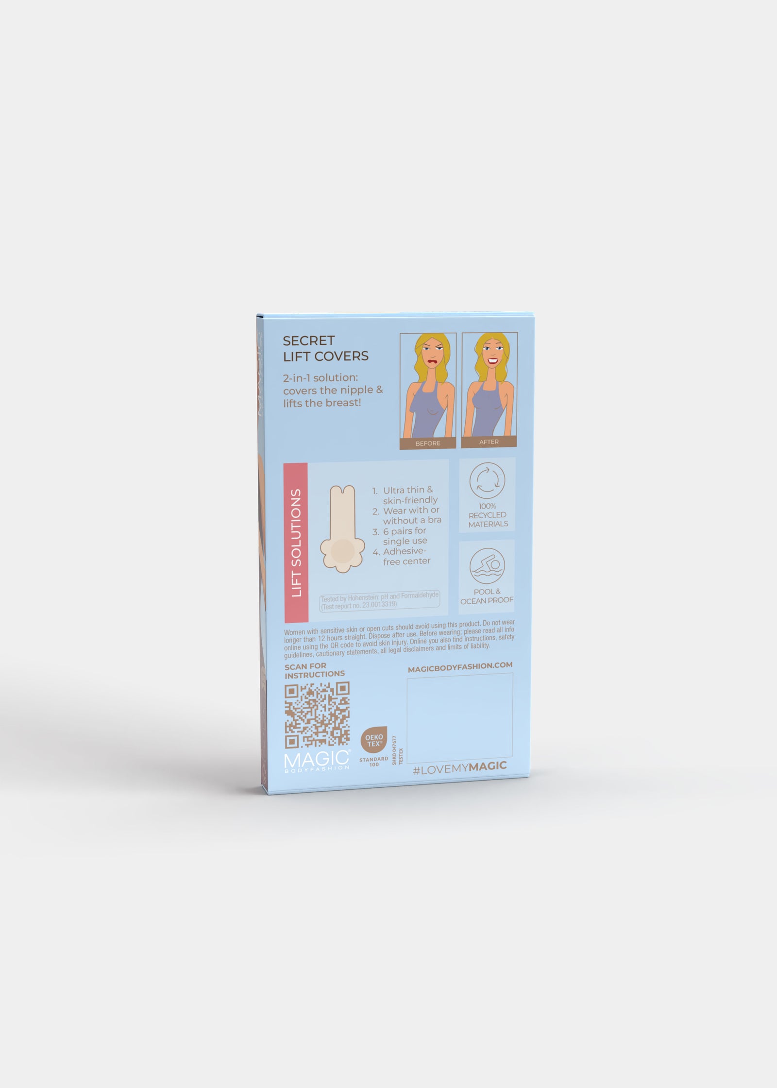 Back view of the Secret Lift Covers packaging box, displaying instructions and illustrations showing how to apply the lifting nipple covers for proper lift and support.