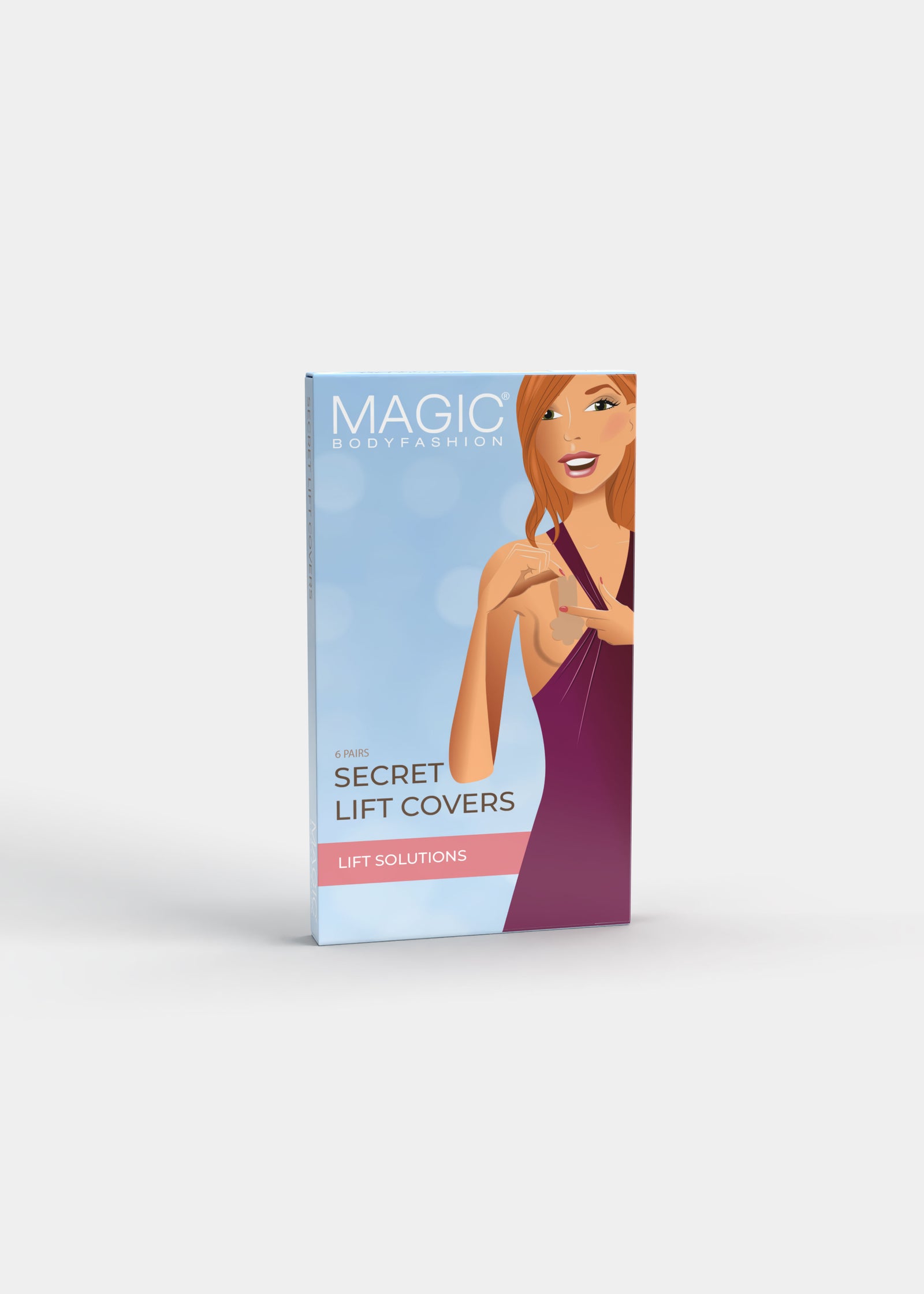 Front view of the Secret Lift Covers packaging box, featuring the branded design and product information, showing the lifting nipple covers solution.