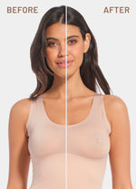 Front view of a model showing a before and after comparison of the Show Your Nipples silicone nipple covers, demonstrating how the soft adhesive covers create a braless look with a natural raised nipple effect while remaining invisible under clothing.