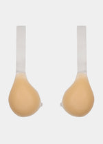 Still front product view of the latte-colored Shapely Bra with the front closure open, showcasing the separate silicone cups, transparent lifting straps, and skin-friendly adhesive surface.