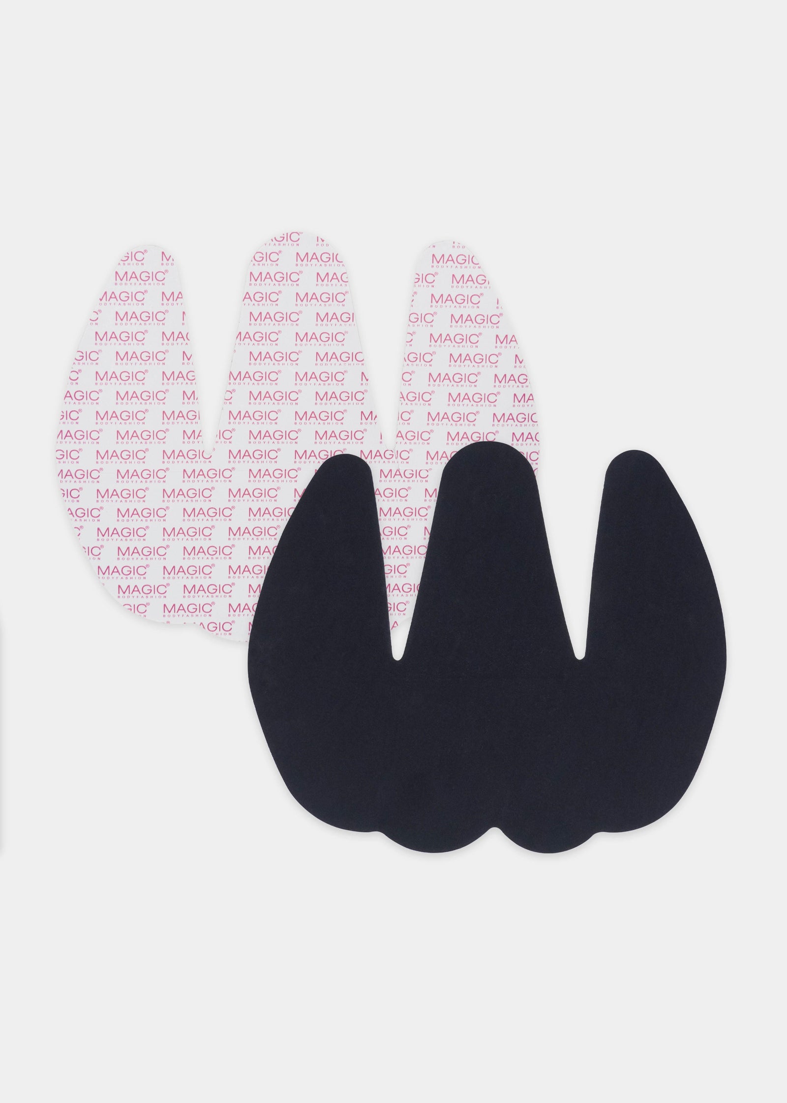 Still product image of the black Sculpting Breast Tape, showing overlapping adhesive tape pieces designed to lift and support the bust, made from eco-friendly S.Café fibers with a smooth finish.