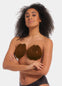 Front view of a model wearing the chocolate-colored Sculpting Breast Tape, showcasing the adhesive tape lifting and supporting the bust while creating a strapless, backless, and invisible look under clothing.