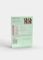 Back view of the Magic Dress Tape packaging box, displaying product information, usage instructions, and details about the transparent double-sided adhesive strips inside.