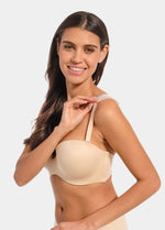 Front view of a model wearing the Magic Comfort Strap, featuring a soft silicone anti-slip shoulder strap placed under the bra strap to prevent sliding and relieve pressure, with a clear and discreet design for comfortable, seamless wear.