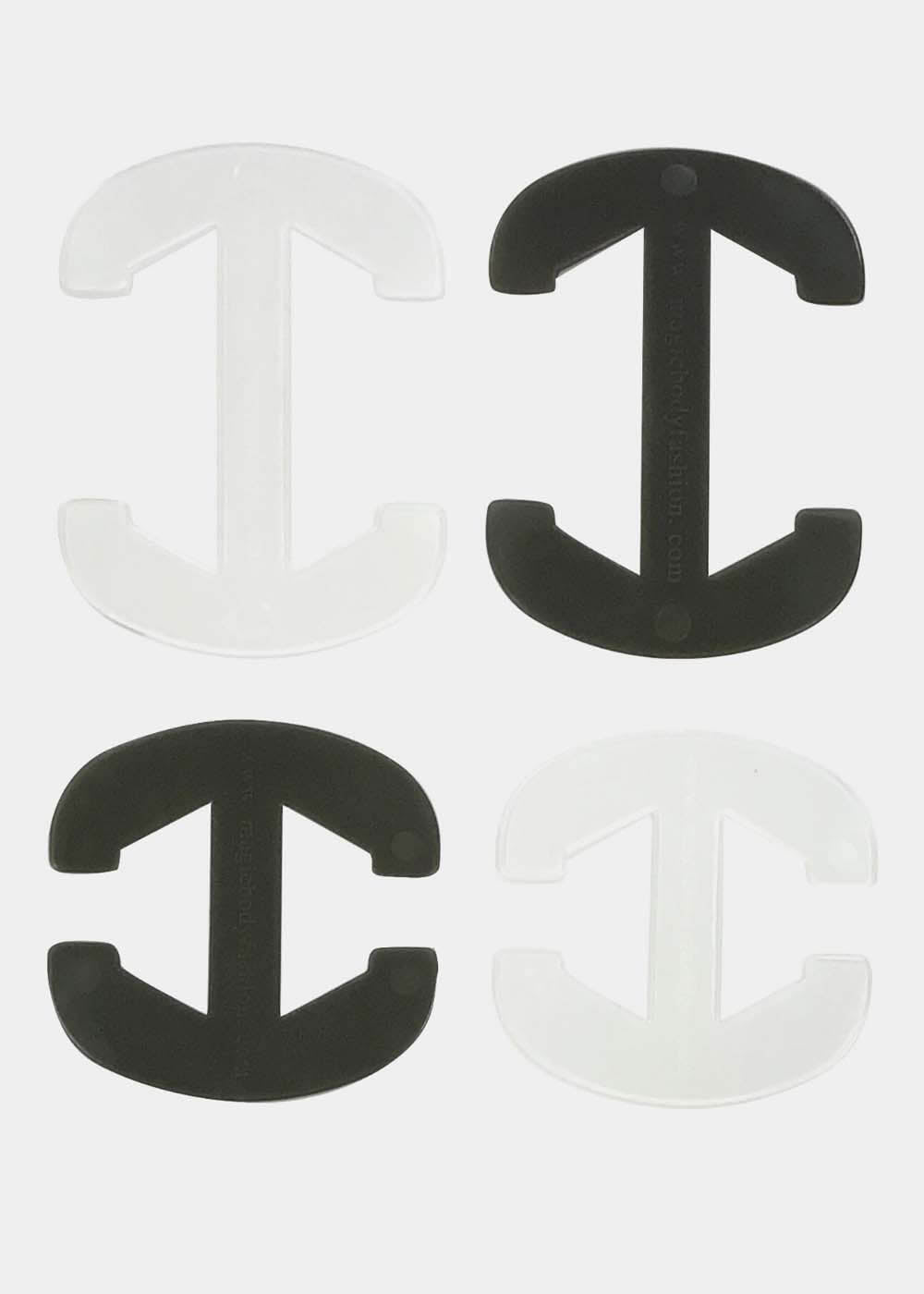 Still product image of the Magic Clip set, showcasing four soft plastic clips in two sizes and two colors, designed to pull bra straps together and create a racerback effect.