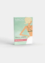 Product packaging box of the Magic Straps, displaying the set of three soft fabric strap clips in black, white, and skin tones, with branded design and product information on the front.