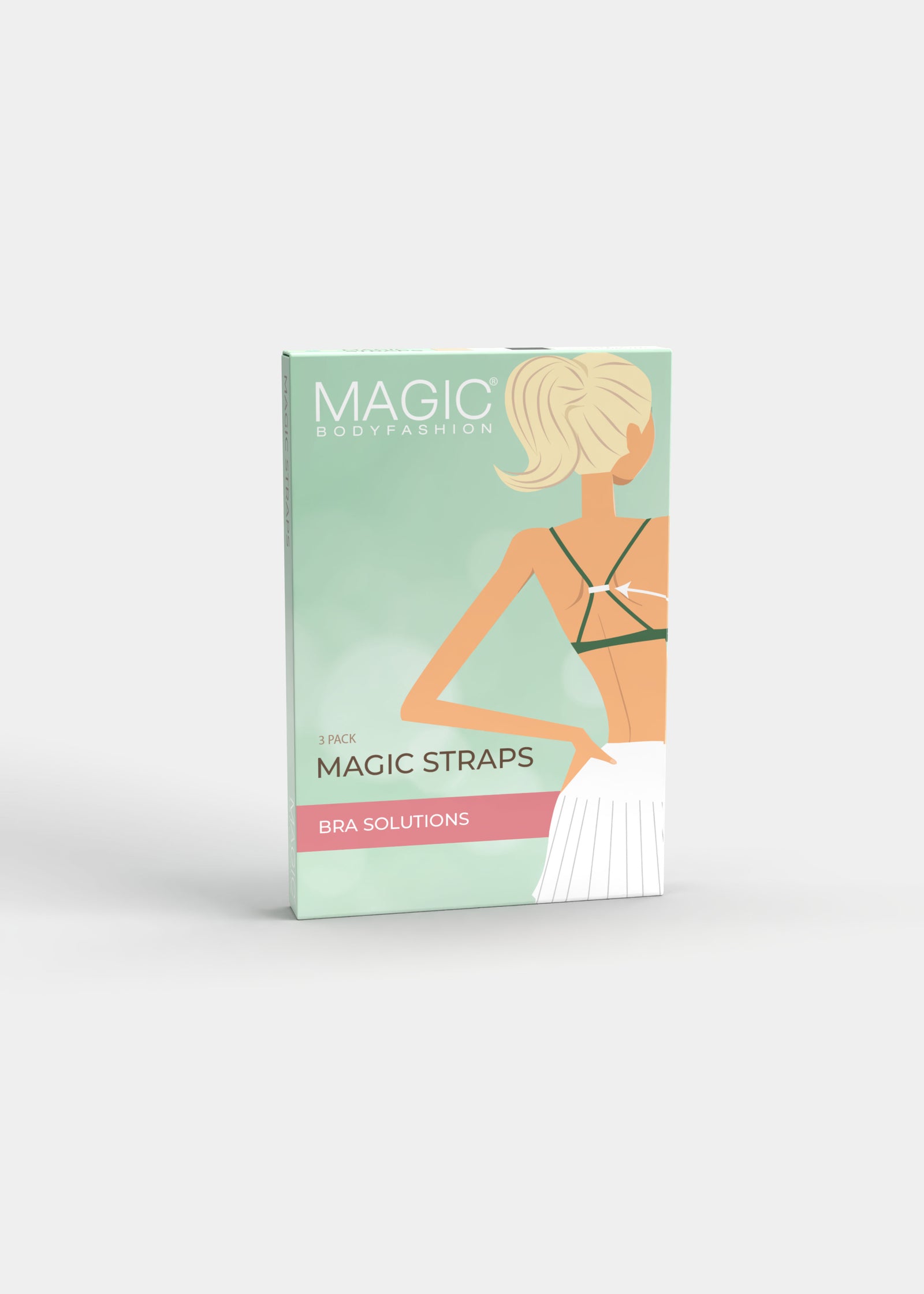 Product packaging box of the Magic Straps, displaying the set of three soft fabric strap clips in black, white, and skin tones, with branded design and product information on the front.