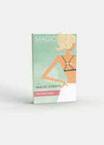 Product packaging box of the Magic Straps, displaying the set of three soft fabric strap clips in black, white, and skin tones, with branded design and product information on the front.