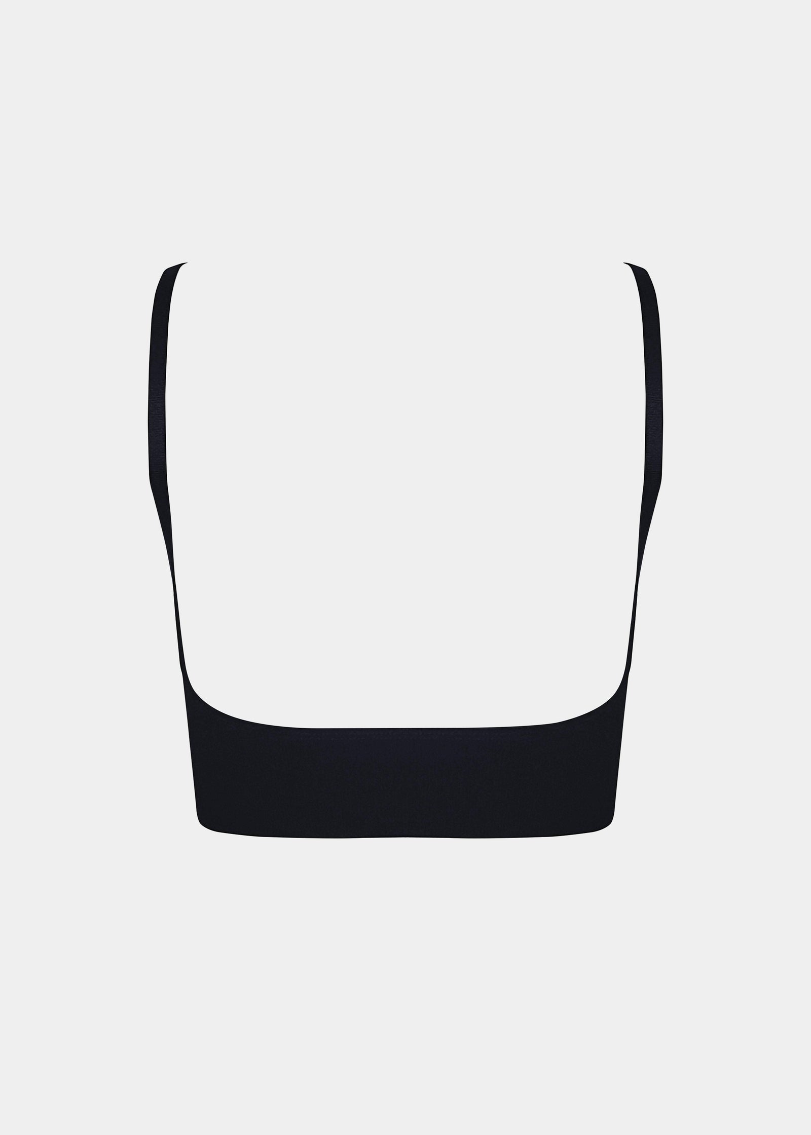 Still back product view of the black Bamboo Low Back Bra, showcasing the smooth low-back design, seamless finish, and adjustable spaghetti straps for an invisible look under clothing.