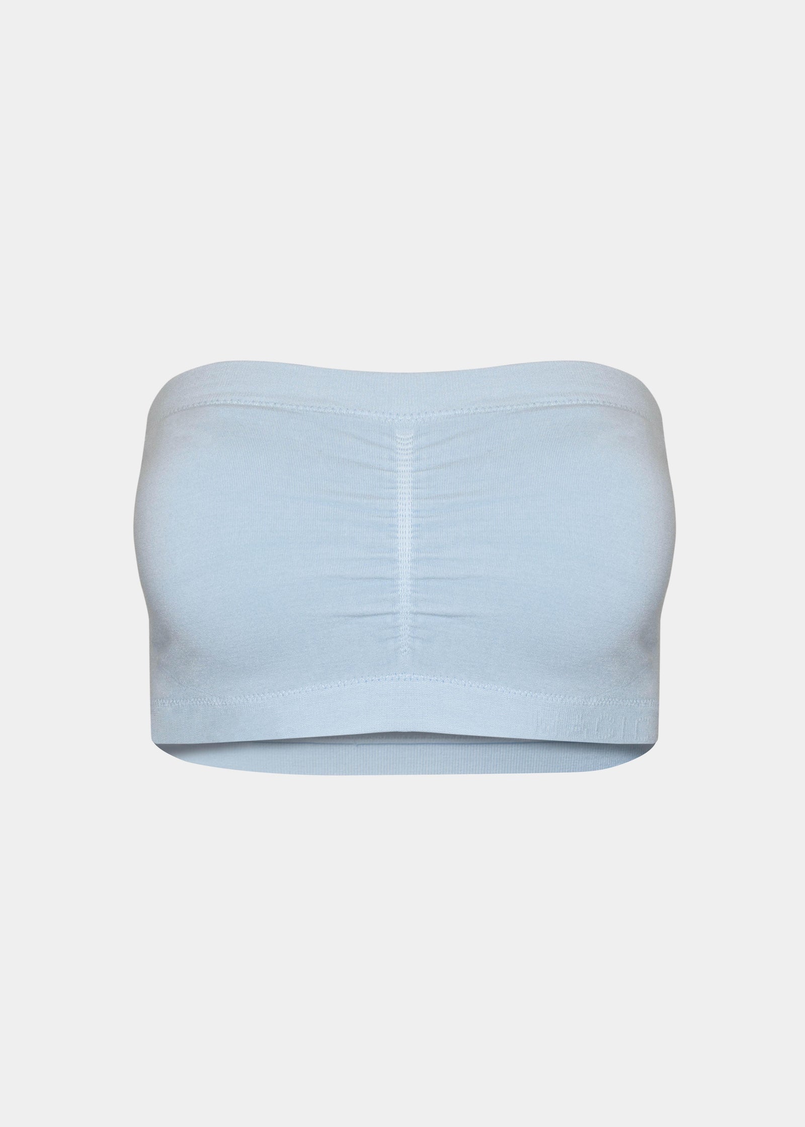 Still front product view of the soft blue Bamboo Bandeau Bra, highlighting the strapless, wireless design in soft bamboo fabric with removable pads and a smooth, seamless finish.