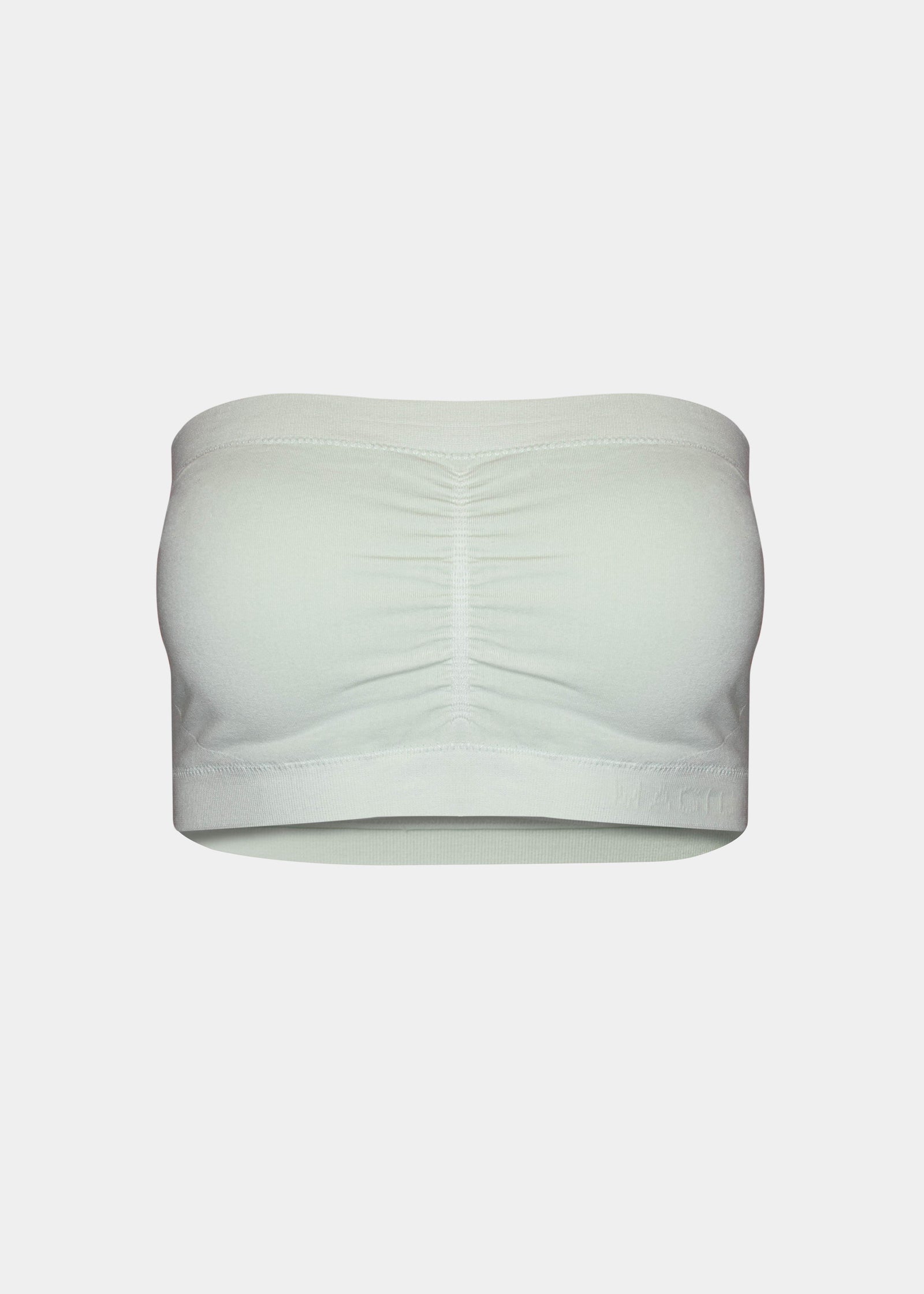 Still front product view of the soft green Bamboo Bandeau Bra, showcasing the strapless, wireless design in smooth bamboo fabric with removable pads and a clean, seamless finish.