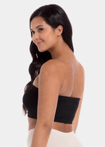 Back view of a model wearing the black Bamboo Bandeau Bra, showcasing the smooth, seamless bamboo fabric and strapless design with a clean, comfortable finish.