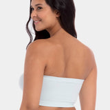 Back view of a model wearing the soft blue Bamboo Bandeau Bra, showcasing the seamless, strapless design in smooth bamboo fabric with a clean, comfortable finish.